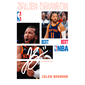 Imagem de Jalen Brunson, jogador profissional de basquete da NBA, destacando seu nome, número 11 do New York Knicks, e sua assinatura. Inclui informações sobre sua carreira, como desempenho nos playoffs e conquistas no basquete universitário.