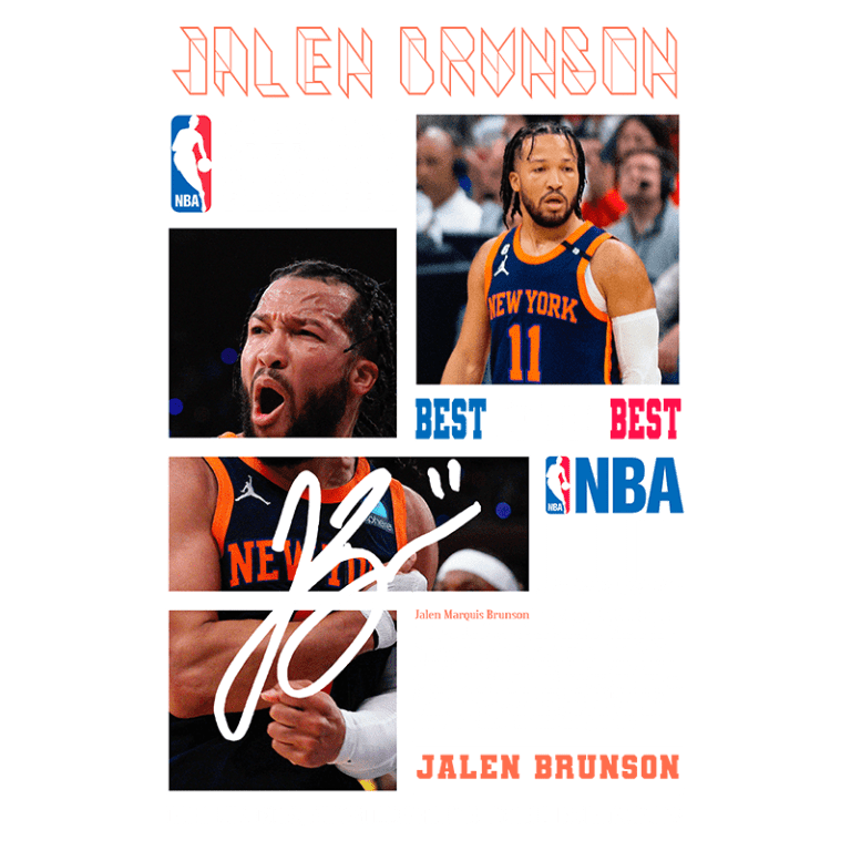 Imagem de Jalen Brunson, jogador profissional de basquete da NBA, destacando seu nome, número 11 do New York Knicks, e sua assinatura. Inclui informações sobre sua carreira, como desempenho nos playoffs e conquistas no basquete universitário.
