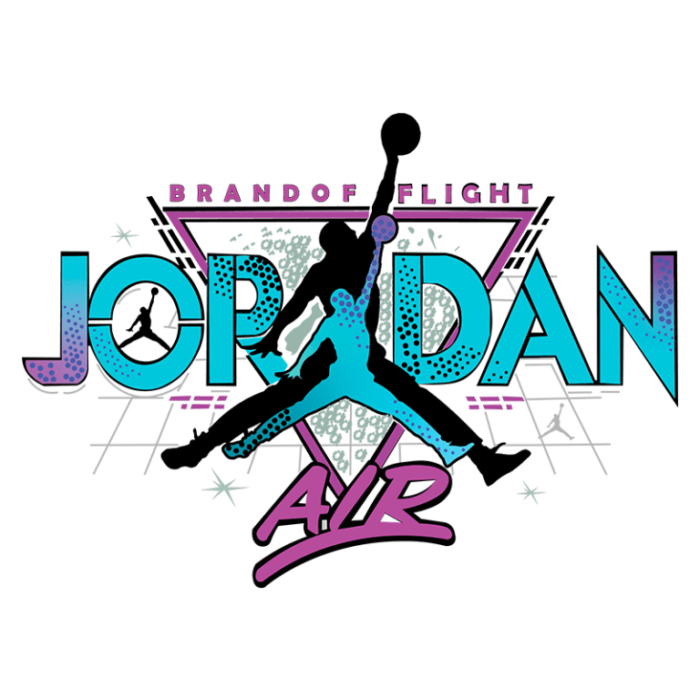 Logo estilizado da marca Jordan Air, destacando a silhueta icônica de um jogador de basquete. O design é vibrante, com cores em tons de azul e rosa, e inclui a frase "Brand of Flight". A composição apresenta elementos gráficos que remetem ao universo do basquete e à cultura urbana.