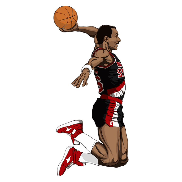 Jogador de basquete em ação, saltando e arremessando uma bola. Ele veste um uniforme preto e vermelho, representando uma equipe, com tênis brancos e vermelhos. A imagem destaca a habilidade e dinamismo do atleta no esporte.