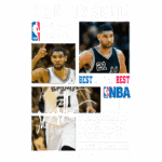 Imagem destacando Tim Duncan, ícone do basquete, com três fotografias, incluindo uma legenda escrita "BEST OF THE BEST". Inclui detalhes sobre sua carreira na NBA, sua assinatura e informações sobre sua importância para o San Antonio Spurs e suas vitórias em campeonatos.