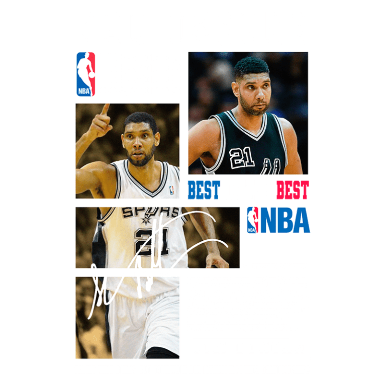 Imagem destacando Tim Duncan, ícone do basquete, com três fotografias, incluindo uma legenda escrita "BEST OF THE BEST". Inclui detalhes sobre sua carreira na NBA, sua assinatura e informações sobre sua importância para o San Antonio Spurs e suas vitórias em campeonatos.