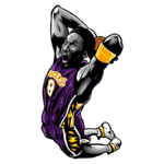 Ilustração de um jogador de basquete famoso em ação, vestindo o uniforme dos Los Angeles Lakers, número 8, com uma expressão de intensa concentração enquanto realiza um salto para enterrar a bola. O fundo é verde, destacando a dinâmica e o movimento da cena.