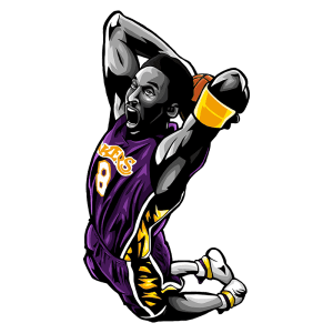 Ilustração de um jogador de basquete famoso em ação, vestindo o uniforme dos Los Angeles Lakers, número 8, com uma expressão de intensa concentração enquanto realiza um salto para enterrar a bola. O fundo é verde, destacando a dinâmica e o movimento da cena.