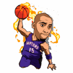 Ilustração de jogador de basquete com uniforme dos Raptors, segurando uma bola de basquete, em um movimento de enterrada, com chamas ao fundo.