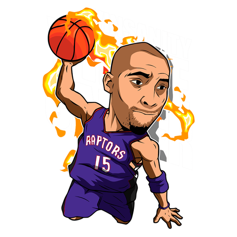 Ilustração de jogador de basquete com uniforme dos Raptors, segurando uma bola de basquete, em um movimento de enterrada, com chamas ao fundo.