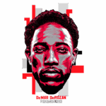 Retrato estilizado de DeMar DeRozan, jogador de basquete, destacando sua quarta participação no NBA All-Star, com um fundo gráfico em cores vibrantes.