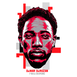 Retrato estilizado de DeMar DeRozan, jogador de basquete, destacando sua quarta participação no NBA All-Star, com um fundo gráfico em cores vibrantes.