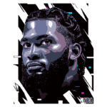 Ilustração digital de um jogador de basquete com cabelo trançado e barba, em um fundo colorido, representando a NBA.