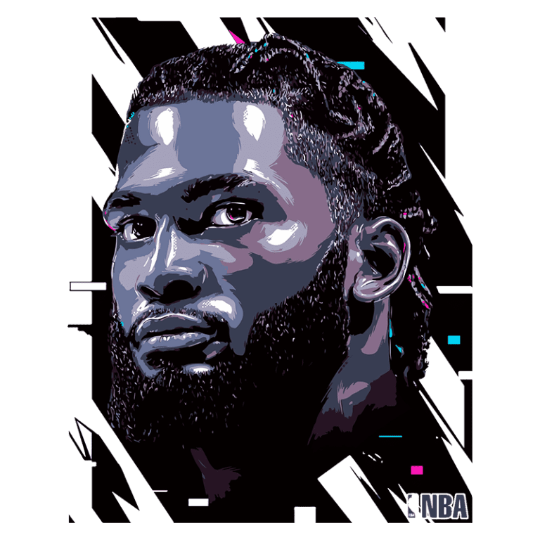 Ilustração digital de um jogador de basquete com cabelo trançado e barba, em um fundo colorido, representando a NBA.