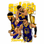 Ilustração vibrante dos jogadores do Golden State Warriors em ação, destacando o tema "Splash" e a frase "It's Raining 3's", simbolizando sua habilidade de arremessar de longa distância. Mostra três atletas comemorando, com um troféu de campeonato ao fundo, representando a cultura da equipe e a paixão dos fãs.