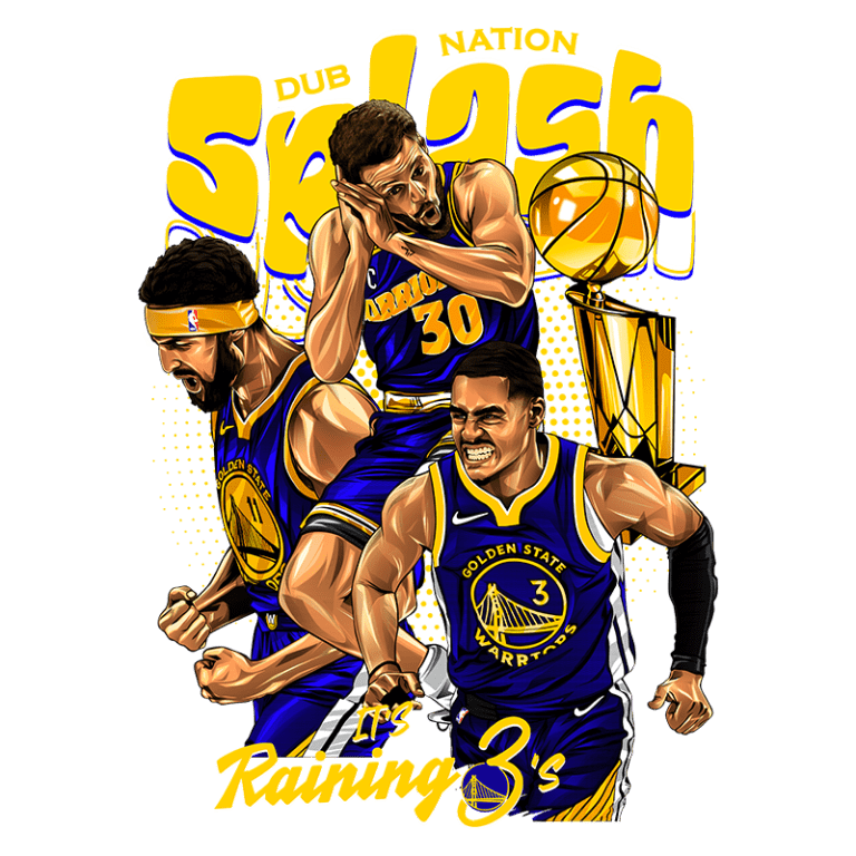 Ilustração vibrante dos jogadores do Golden State Warriors em ação, destacando o tema "Splash" e a frase "It's Raining 3's", simbolizando sua habilidade de arremessar de longa distância. Mostra três atletas comemorando, com um troféu de campeonato ao fundo, representando a cultura da equipe e a paixão dos fãs.
