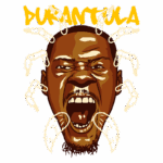 Ilustração de um homem gritando com expressões intensas, cercado por símbolos de aranhas, destacando a palavra "DURANTULA" em amarelo. Ideal para temas de arte urbana e cultura pop.