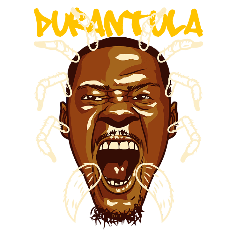 Ilustração de um homem gritando com expressões intensas, cercado por símbolos de aranhas, destacando a palavra "DURANTULA" em amarelo. Ideal para temas de arte urbana e cultura pop.