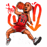 Ilustração estilizada de Dennis Rodman, jogador do Chicago Bulls, em ação no basquete. Ele veste o uniforme vermelho com o número 91, segurando uma bola de basquete, com um fundo colorido e grafites.
