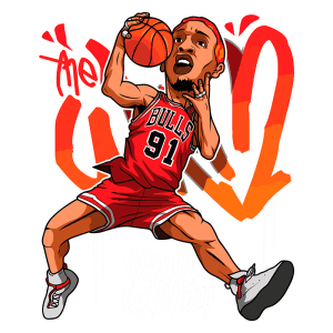 Ilustração estilizada de Dennis Rodman, jogador do Chicago Bulls, em ação no basquete. Ele veste o uniforme vermelho com o número 91, segurando uma bola de basquete, com um fundo colorido e grafites.