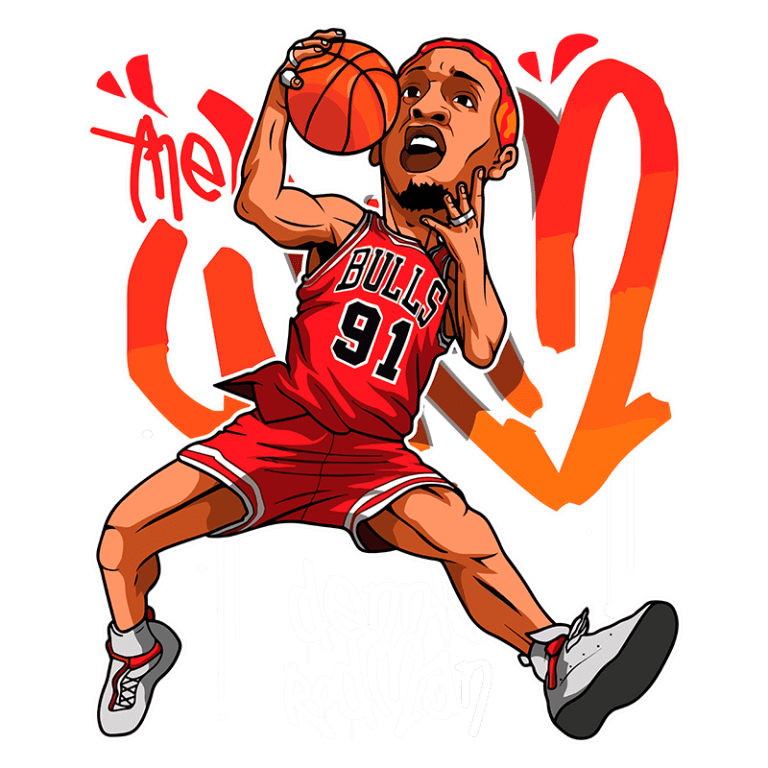 Ilustração estilizada de Dennis Rodman, jogador do Chicago Bulls, em ação no basquete. Ele veste o uniforme vermelho com o número 91, segurando uma bola de basquete, com um fundo colorido e grafites.