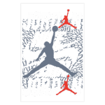 Imagem gráfica com o logo da Nike, destacando o nome "Jordan" em letras grandes, e uma silhueta do famoso jogador de basquete Michael Jordan em ação. O design inclui elementos de textura que remetem ao estilo urbano, representando a colaboração entre a marca Nike e o legado de Jordan no basquete.