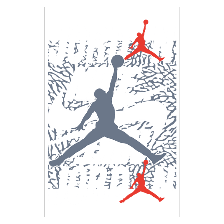 Imagem gráfica com o logo da Nike, destacando o nome "Jordan" em letras grandes, e uma silhueta do famoso jogador de basquete Michael Jordan em ação. O design inclui elementos de textura que remetem ao estilo urbano, representando a colaboração entre a marca Nike e o legado de Jordan no basquete.