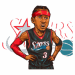 Ilustração de um jogador de basquete em ação, usando o uniforme dos Philadelphia Sixers, com a camisa número 3. O jogador está com um olhar concentrado e mãos na cintura, destacando a intensidade do jogo. Elementos de fundo incluem uma bola de basquete e gráficos dinâmicos relacionados ao esporte.