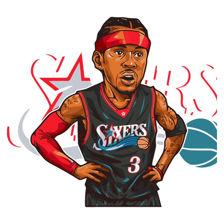 Ilustração de um jogador de basquete em ação, usando o uniforme dos Philadelphia Sixers, com a camisa número 3. O jogador está com um olhar concentrado e mãos na cintura, destacando a intensidade do jogo. Elementos de fundo incluem uma bola de basquete e gráficos dinâmicos relacionados ao esporte.