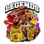 Ilustração artística dos lendários jogadores de basquete Michael Jordan, Kobe Bryant e LeBron James, com o título "LEGENDS". Jordan vestindo o uniforme dos Chicago Bulls, Bryant com seu icônico uniforme dos Lakers e LeBron usando o número 6 também dos Lakers. A arte destaca suas contribuições ao basquete, simbolizando a grandeza e a influência na NBA.