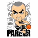 Ilustração de Tony Parker em estilo cartoon, segurando uma bola de basquete e vestindo o uniforme do San Antonio Spurs, com fundo de fumaça estilizada.