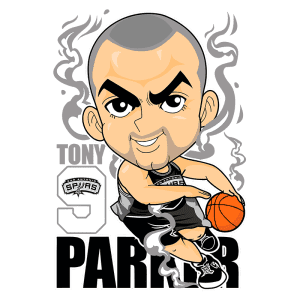 Ilustração de Tony Parker em estilo cartoon, segurando uma bola de basquete e vestindo o uniforme do San Antonio Spurs, com fundo de fumaça estilizada.