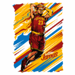 LeBron James em ação, usando a camisa do Cleveland Cavaliers, com fundo colorido em tons vibrantes. A imagem destaca o movimento dinâmico do jogador e sua habilidade atlética.