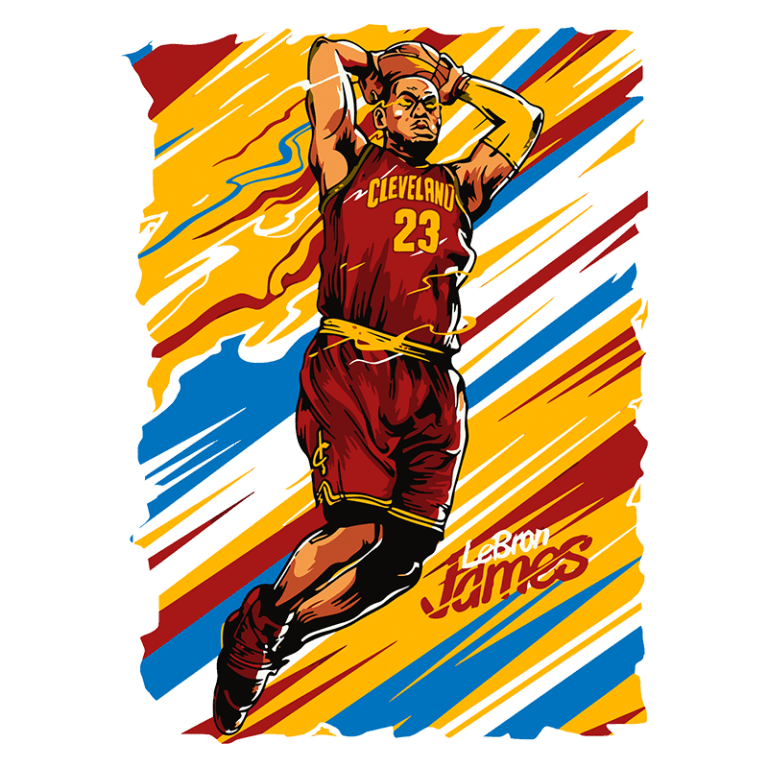 LeBron James em ação, usando a camisa do Cleveland Cavaliers, com fundo colorido em tons vibrantes. A imagem destaca o movimento dinâmico do jogador e sua habilidade atlética.