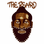 Ilustração de um homem com barba volumosa e cabelo preso, destacando a expressão facial e o conceito de estilo urbano. A arte representa um tema de cuidados masculinos e a cultura da barba.