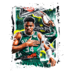 Ilustração vibrante de Giannis Antetokounmpo, jogador do Milwaukee Bucks, destacando sua habilidade no basquete. Ele aparece em um uniforme verde, com a mão no coração, e uma pose dinâmica ao fazer uma enterrada. O fundo contém elementos de graffiti e um aro de basquete, simbolizando sua energia e estilo de jogo.