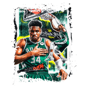 Ilustração vibrante de Giannis Antetokounmpo, jogador do Milwaukee Bucks, destacando sua habilidade no basquete. Ele aparece em um uniforme verde, com a mão no coração, e uma pose dinâmica ao fazer uma enterrada. O fundo contém elementos de graffiti e um aro de basquete, simbolizando sua energia e estilo de jogo.
