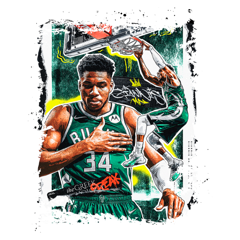 Ilustração vibrante de Giannis Antetokounmpo, jogador do Milwaukee Bucks, destacando sua habilidade no basquete. Ele aparece em um uniforme verde, com a mão no coração, e uma pose dinâmica ao fazer uma enterrada. O fundo contém elementos de graffiti e um aro de basquete, simbolizando sua energia e estilo de jogo.