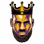 Ilustração de LeBron James com uma coroa, destacando seu rosto e barba em estilo artístico. Ideal para fãs de basquete e cultura pop.