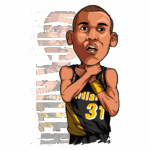 Ilustração do jogador de basquete Reggie Miller, em uniforme do Indiana Pacers, fazendo um gesto icônico com as mãos, representando sua habilidade em fazer pontos.