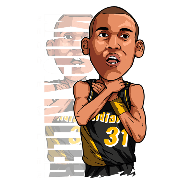 Ilustração do jogador de basquete Reggie Miller, em uniforme do Indiana Pacers, fazendo um gesto icônico com as mãos, representando sua habilidade em fazer pontos.