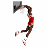 Jogador de basquete realizando um enterrada dinâmica no aro, vestindo uniforme vermelho e branco do Atlanta Hawks, com detalhes em preto e branco nos tênis.