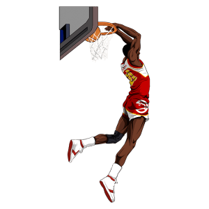 Jogador de basquete realizando um enterrada dinâmica no aro, vestindo uniforme vermelho e branco do Atlanta Hawks, com detalhes em preto e branco nos tênis.