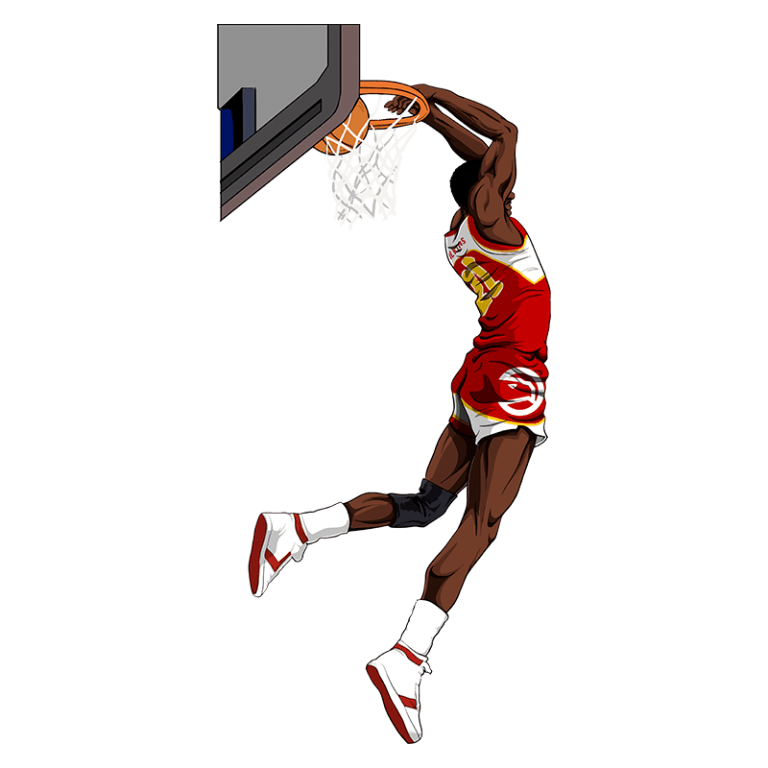 Jogador de basquete realizando um enterrada dinâmica no aro, vestindo uniforme vermelho e branco do Atlanta Hawks, com detalhes em preto e branco nos tênis.