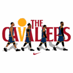 Ilustração dos jogadores do Cleveland Cavaliers caminhando em fila, com o nome "THE CAVALIERS" destacado em vermelho ao fundo, e o logotipo da Nike.