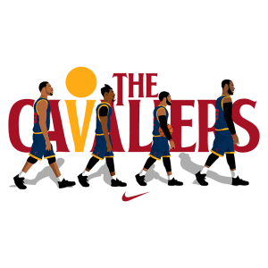 Ilustração dos jogadores do Cleveland Cavaliers caminhando em fila, com o nome "THE CAVALIERS" destacado em vermelho ao fundo, e o logotipo da Nike.
