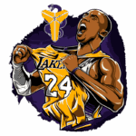 Jogador de basquete comemorando enquanto segura sua camisa do Los Angeles Lakers, vestindo o número 24, com uma expressão de emoção intensa e um fundo roxo com o logotipo do Kobe Bryant.