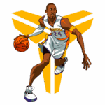 Jogador de basquete em estilo de desenho animado, vestindo uniforme do Los Angeles Lakers, driblando uma bola de basquete. O fundo apresenta um símbolo estilizado em amarelo.