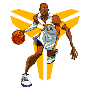 Jogador de basquete em estilo de desenho animado, vestindo uniforme do Los Angeles Lakers, driblando uma bola de basquete. O fundo apresenta um símbolo estilizado em amarelo.