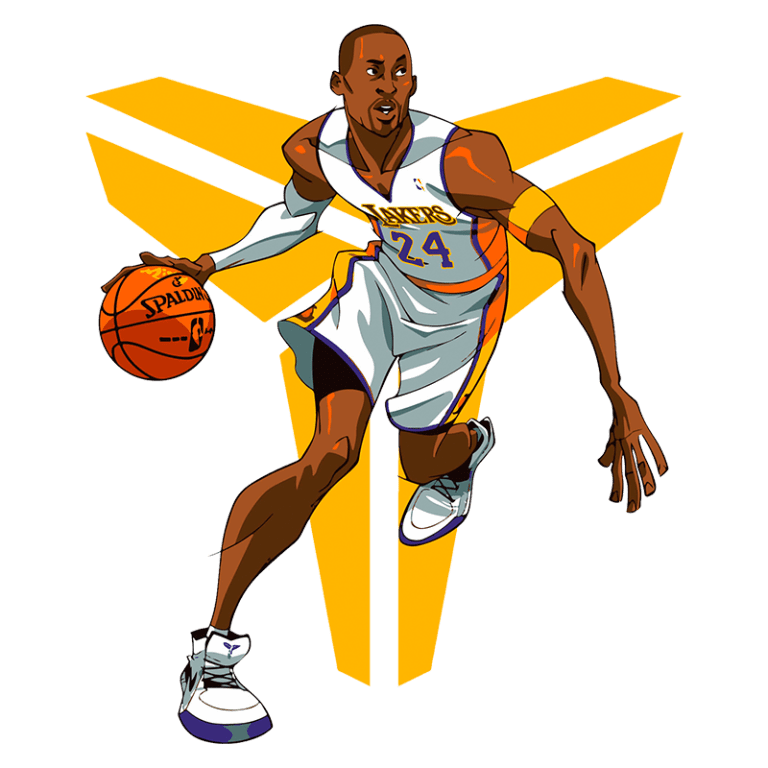 Jogador de basquete em estilo de desenho animado, vestindo uniforme do Los Angeles Lakers, driblando uma bola de basquete. O fundo apresenta um símbolo estilizado em amarelo.