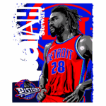 Isaiah Stewart, jogador da NBA, vestindo uniformes vermelhos dos Detroit Pistons, com o número 28. Fundo apresenta o logotipo dos Pistons.