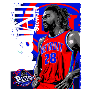 Isaiah Stewart, jogador da NBA, vestindo uniformes vermelhos dos Detroit Pistons, com o número 28. Fundo apresenta o logotipo dos Pistons.