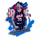 Imagem estilizada de Christian Wood, jogador da NBA, comemorando com a camisa do Houston Rockets, número 35, destacando-se com um fundo vibrante e o logo da equipe.