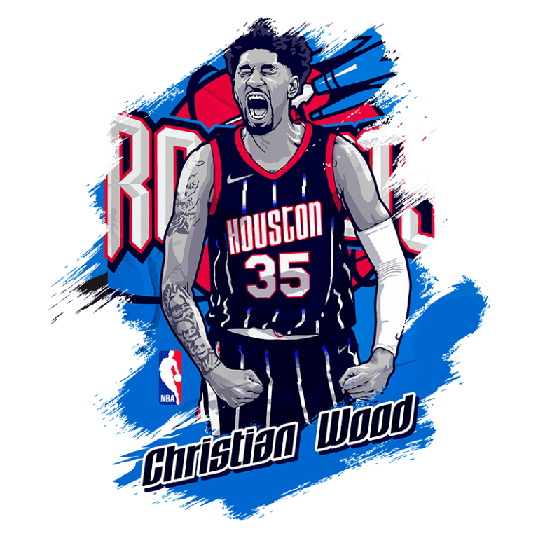 Imagem estilizada de Christian Wood, jogador da NBA, comemorando com a camisa do Houston Rockets, número 35, destacando-se com um fundo vibrante e o logo da equipe.